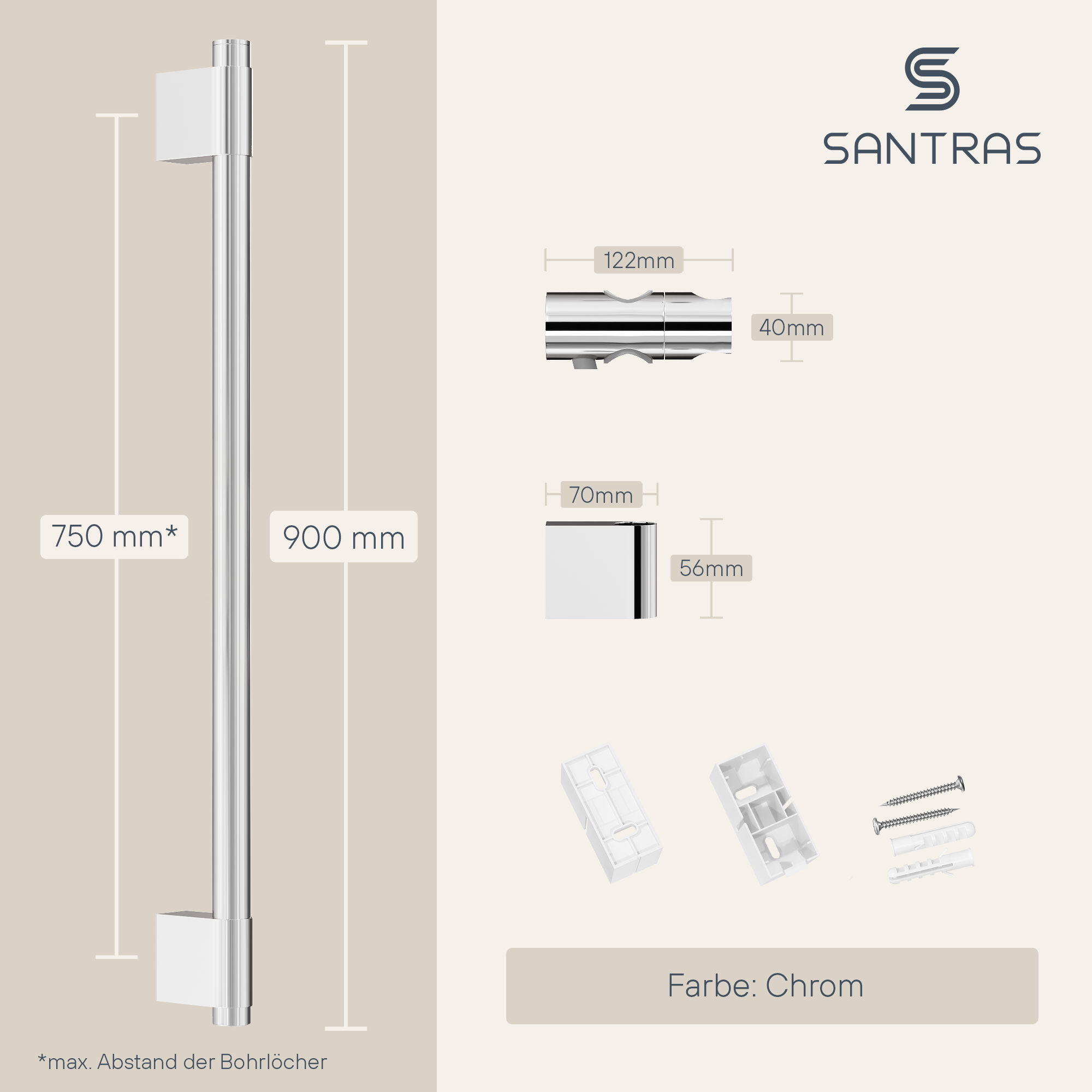 SANTRAS® Wandstange in Chrom (Design eckig)