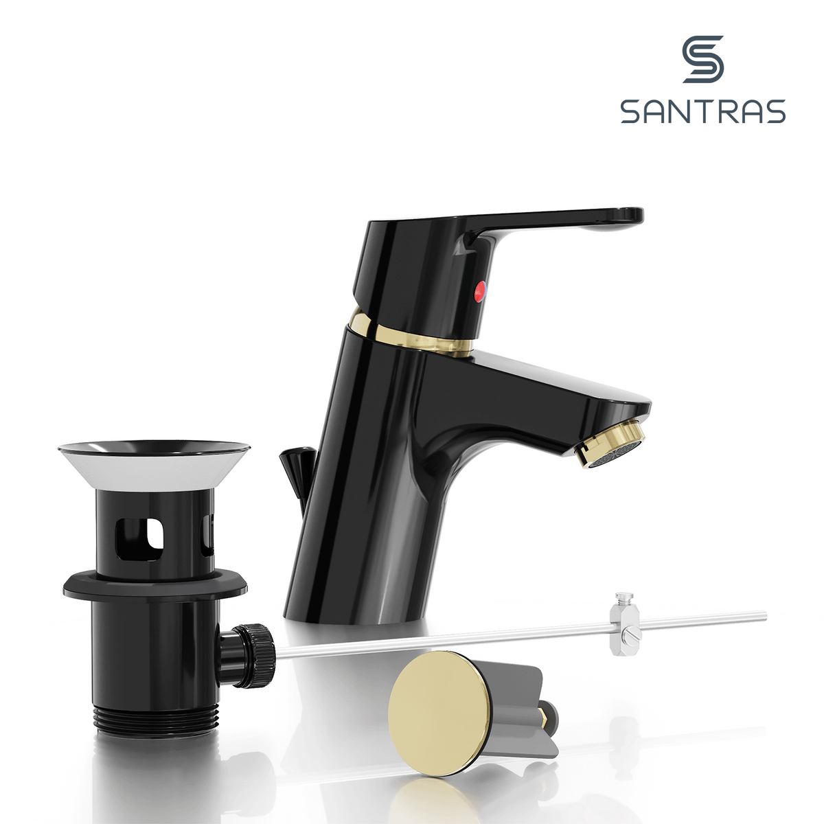 SANTRAS® Waschtischarmatur inkl. Ablaufgarnitur in Schwarz / Edelmessing