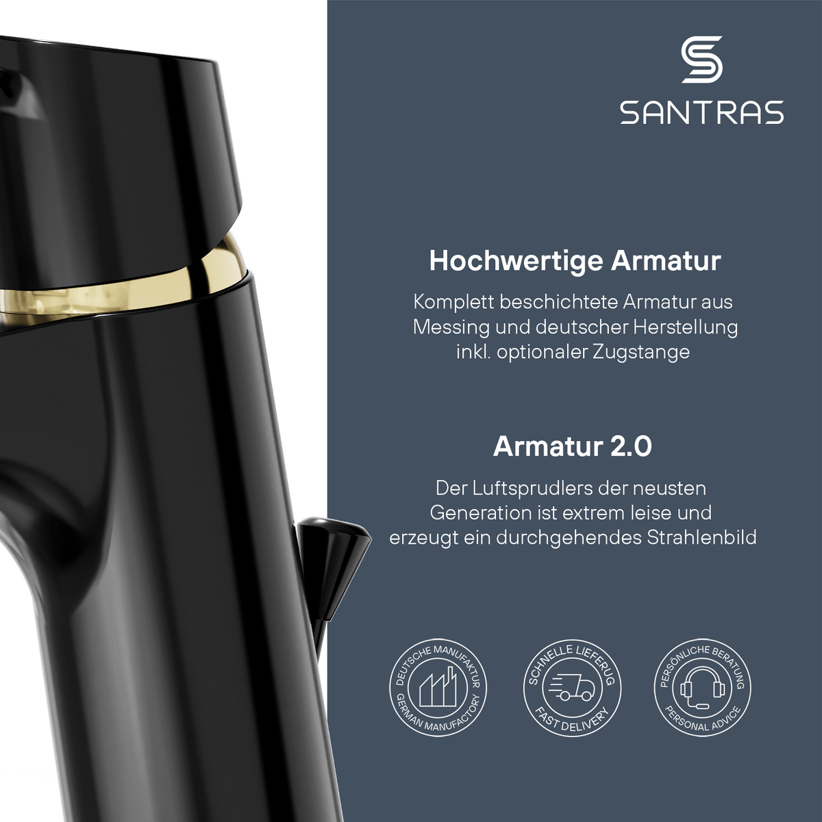 SANTRAS® Waschtischarmatur inkl. Ablaufgarnitur in Schwarz / Edelmessing