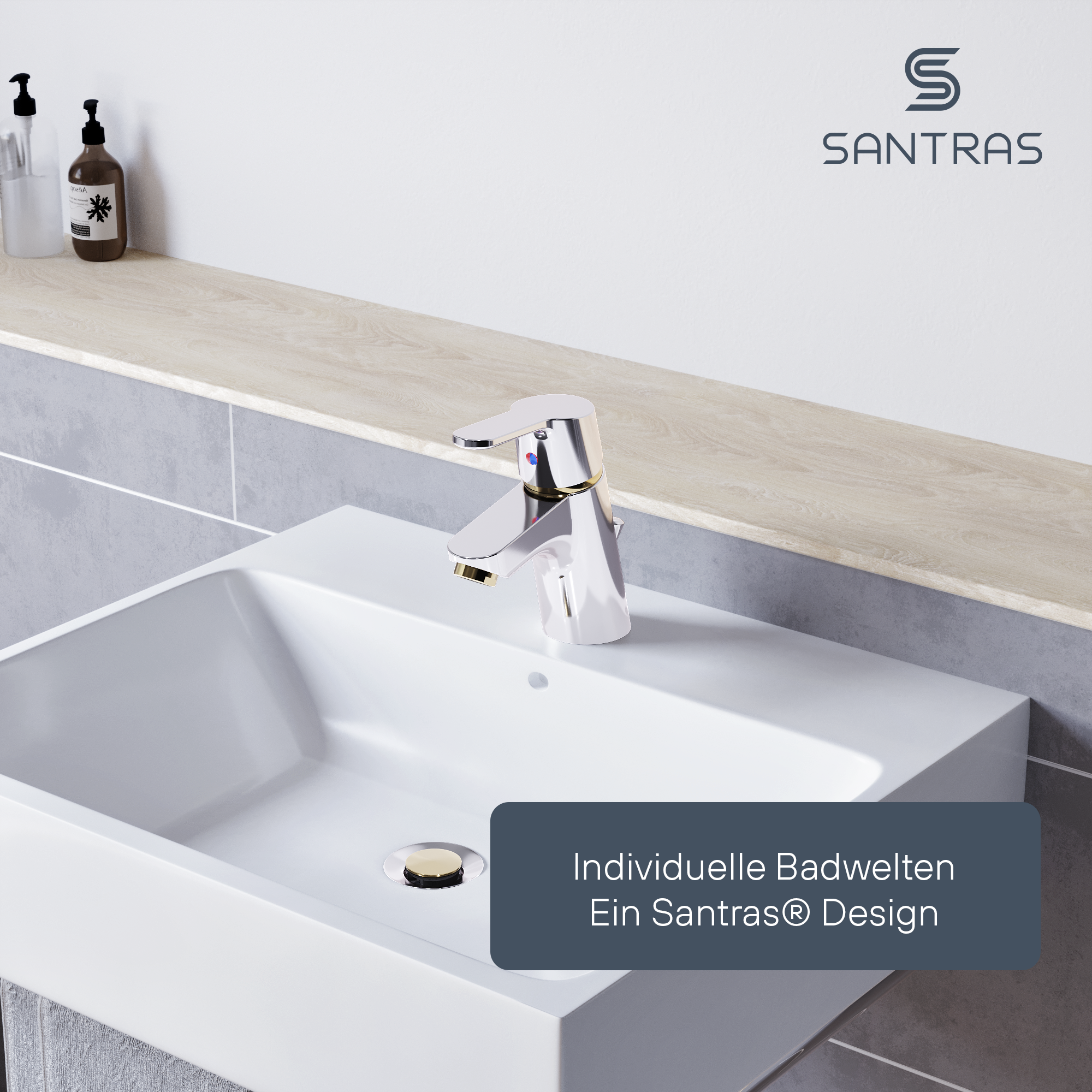 SANTRAS® Waschtischarmatur inkl. Ablaufgarnitur Chrom / Edelmessing