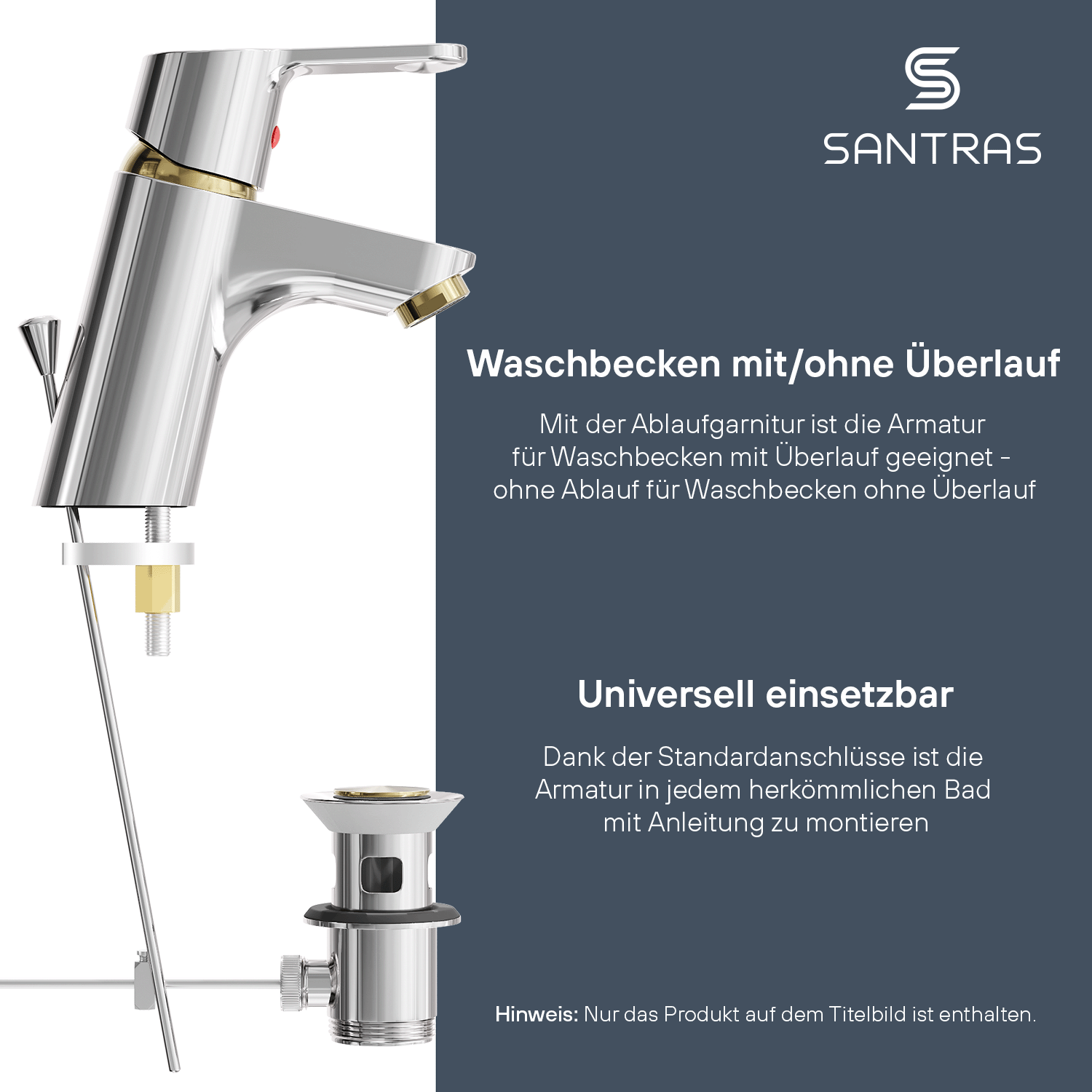 SANTRAS® Waschtischarmatur inkl. Ablaufgarnitur Chrom / Edelmessing