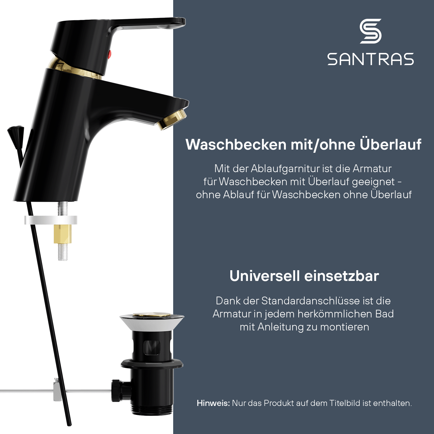 SANTRAS® Waschtischarmatur inkl. Ablaufgarnitur in Schwarz / Edelmessing
