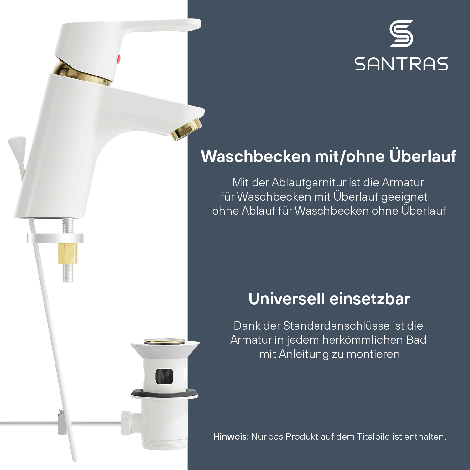 SANTRAS® Waschtischarmatur inkl. Ablaufgarnitur in Weiß / Edelmessing