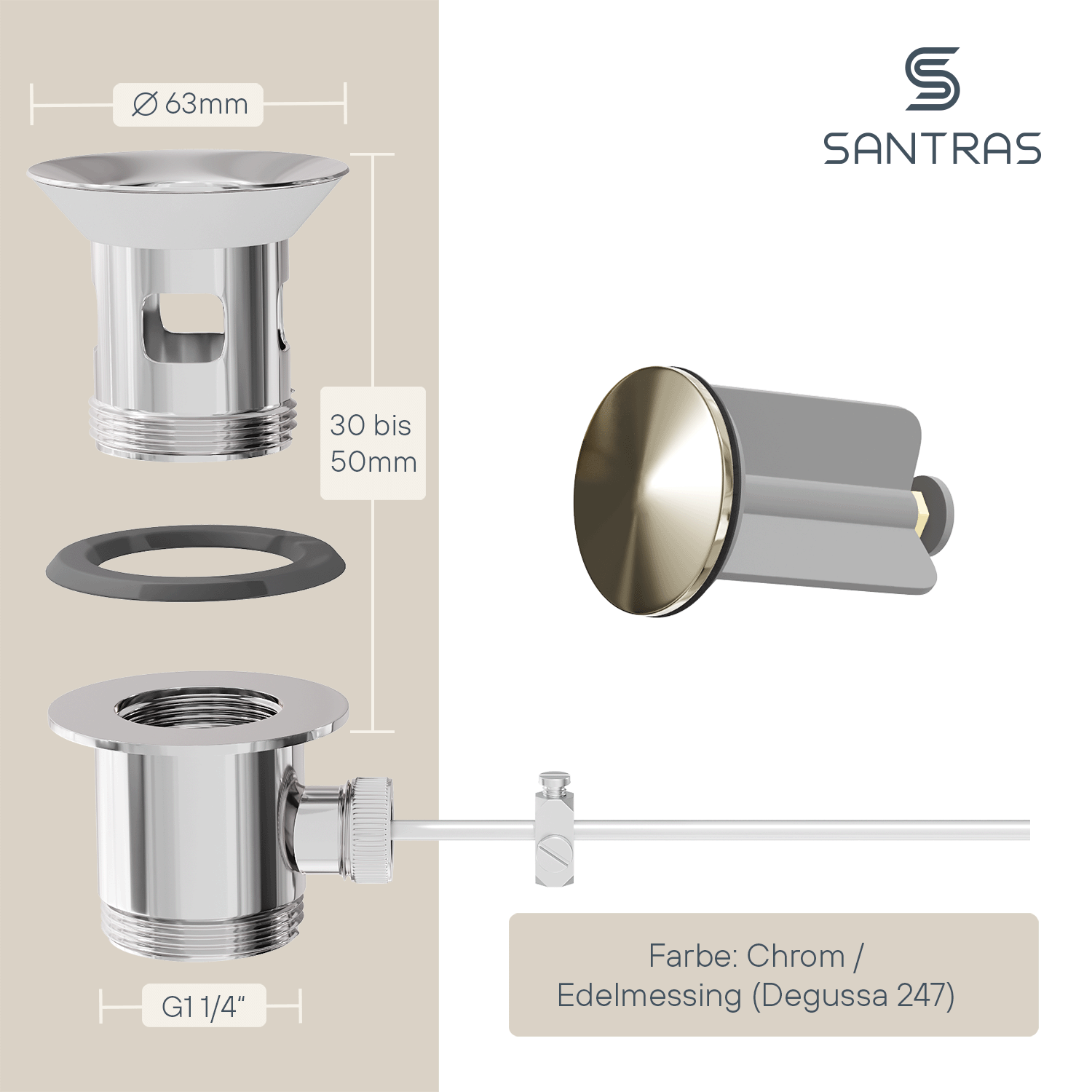 SANTRAS® Exzenter-Ablaufgarnitur in Chrom / Edelmessing