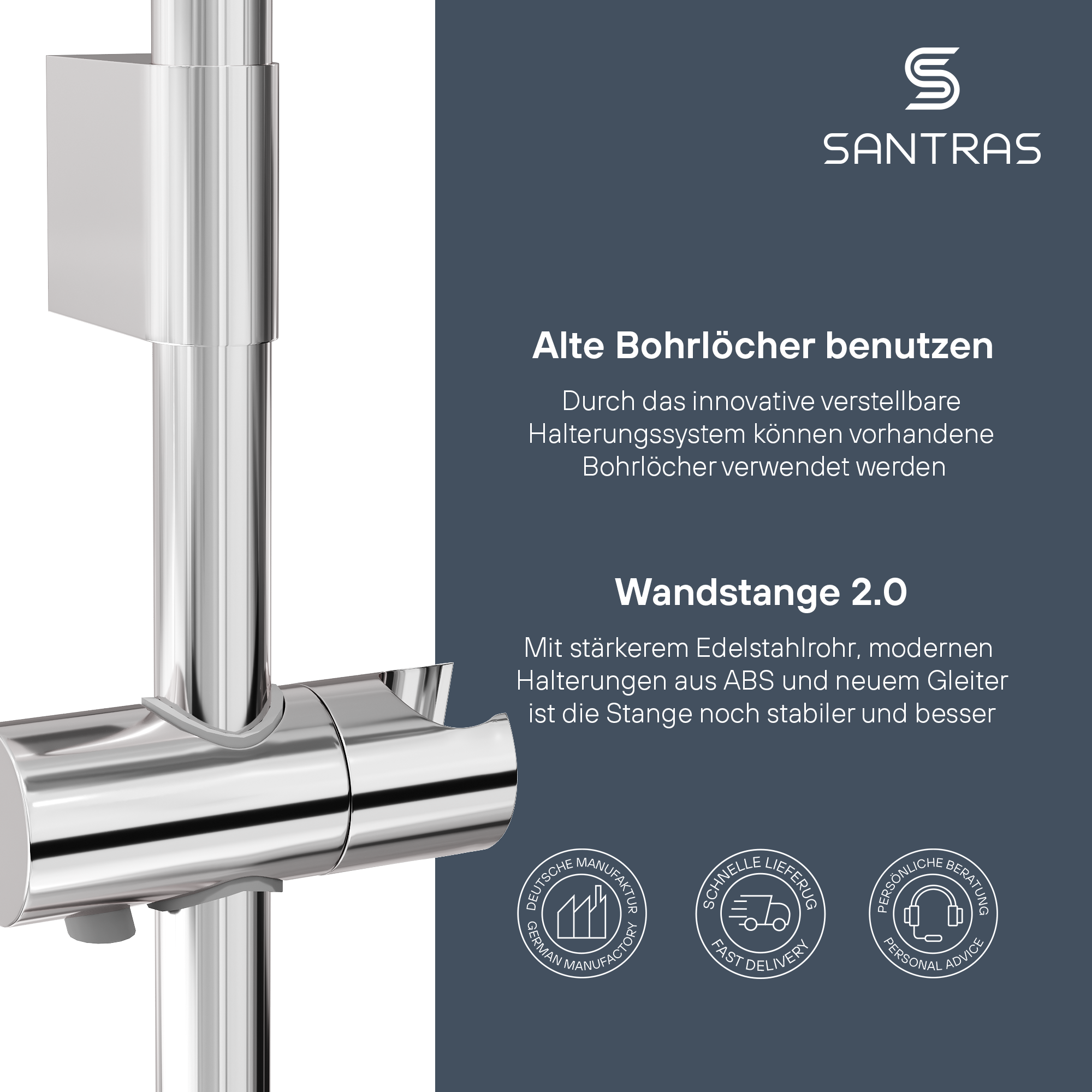 SANTRAS® Wandstange in Chrom (Design eckig)