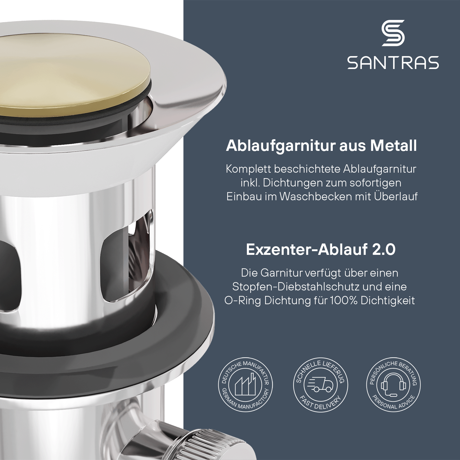 SANTRAS® Exzenter-Ablaufgarnitur in Chrom / Edelmessing