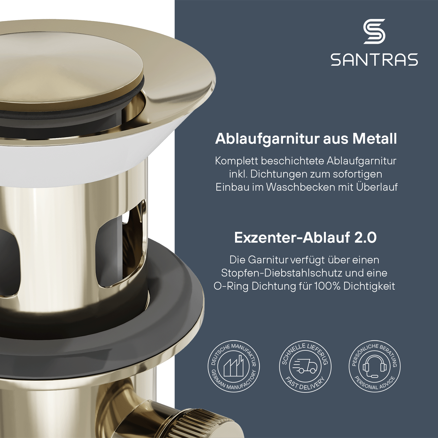 SANTRAS® Exzenter-Ablaufgarnitur in Edelmessing