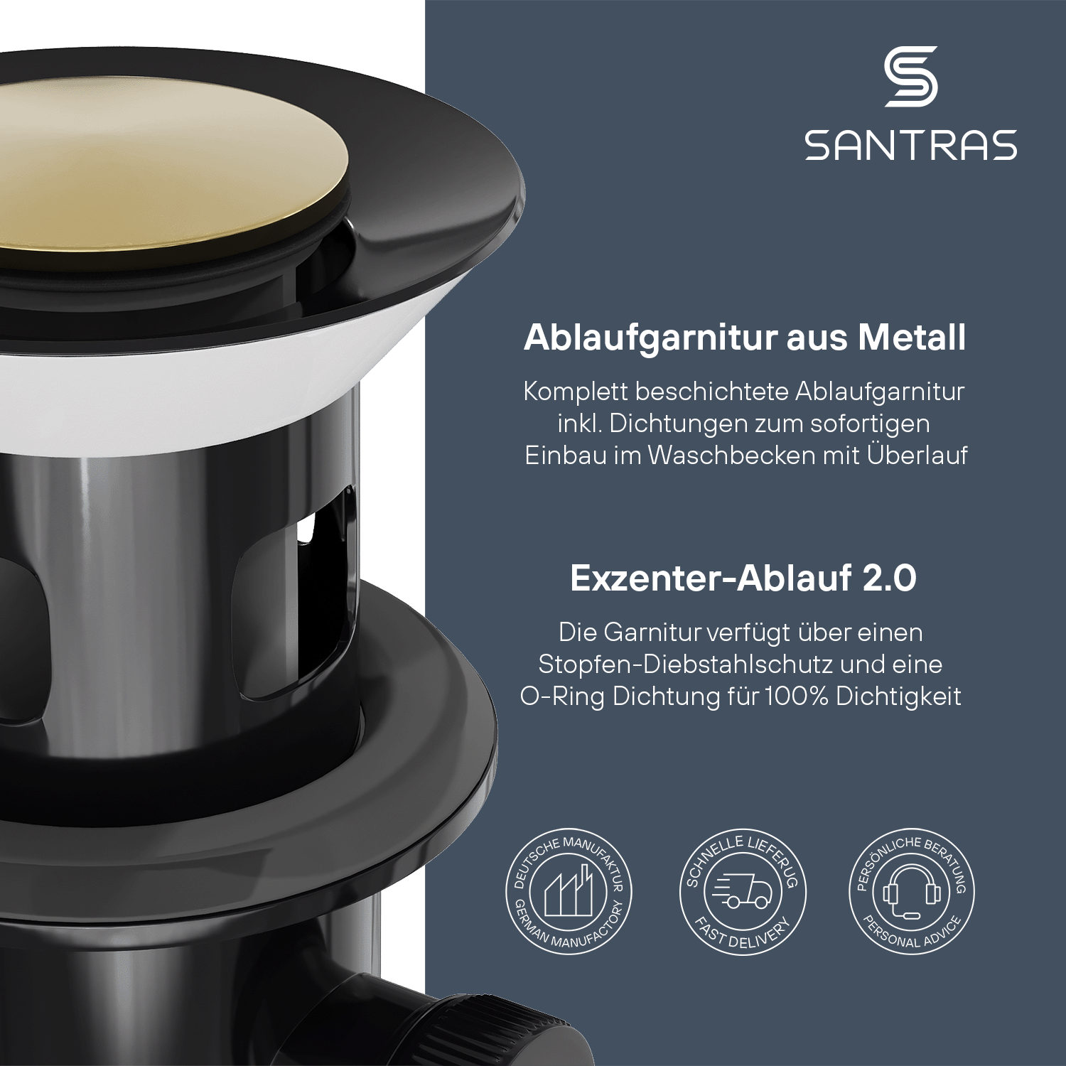 SANTRAS® Exzenter-Ablaufgarnitur in Schwarz / Edelmessing