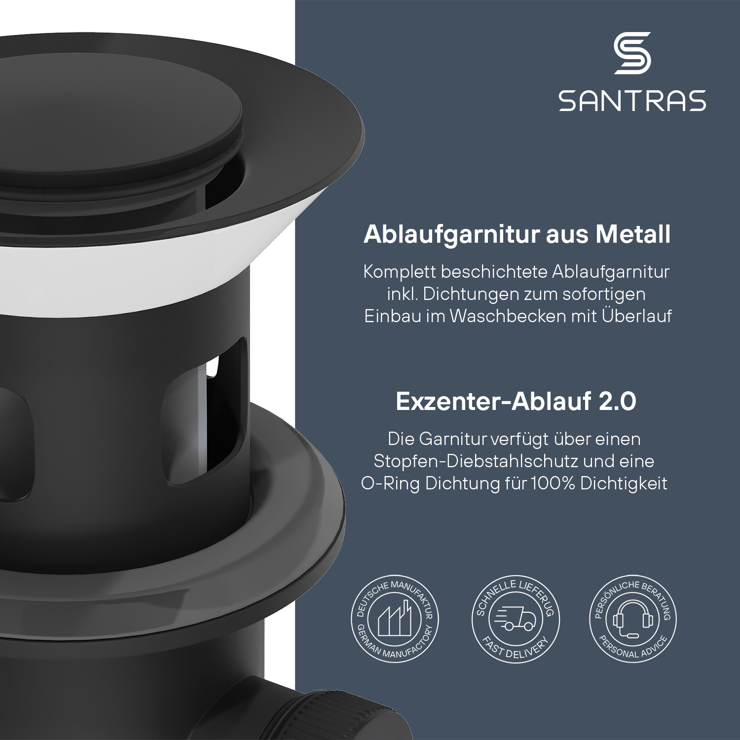 SANTRAS® Exzenter-Ablaufgarnitur in Schwarz-Matt