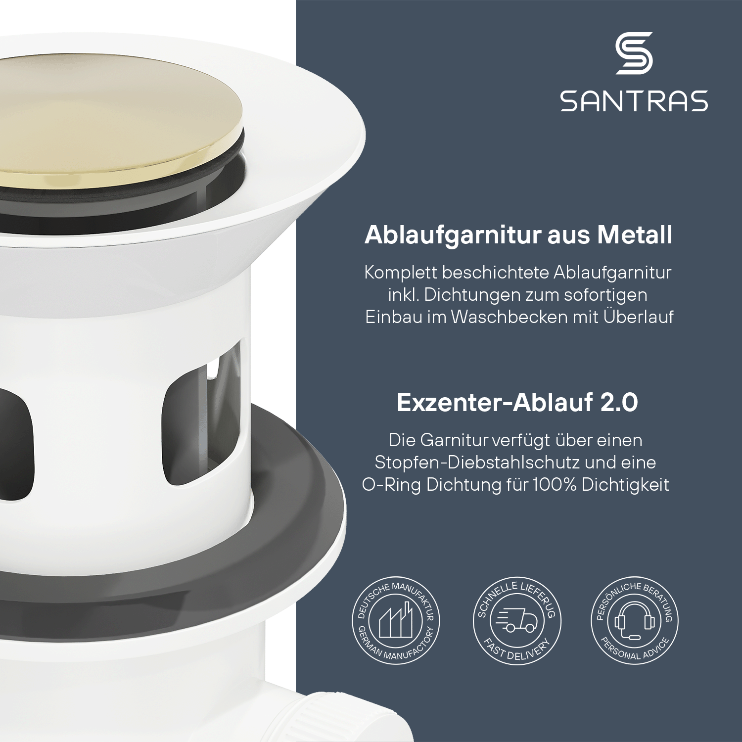 SANTRAS® Exzenter-Ablaufgarnitur in Weiß / Edelmessing