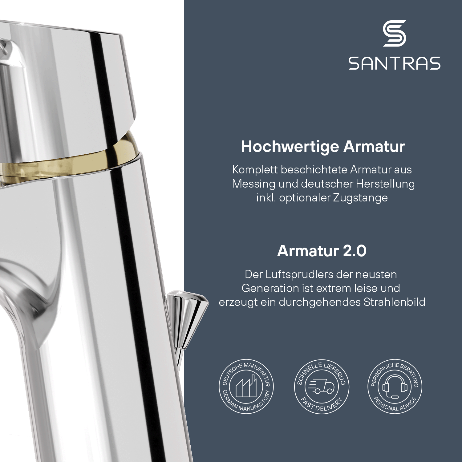 SANTRAS® Waschtischarmatur inkl. Ablaufgarnitur Chrom / Edelmessing