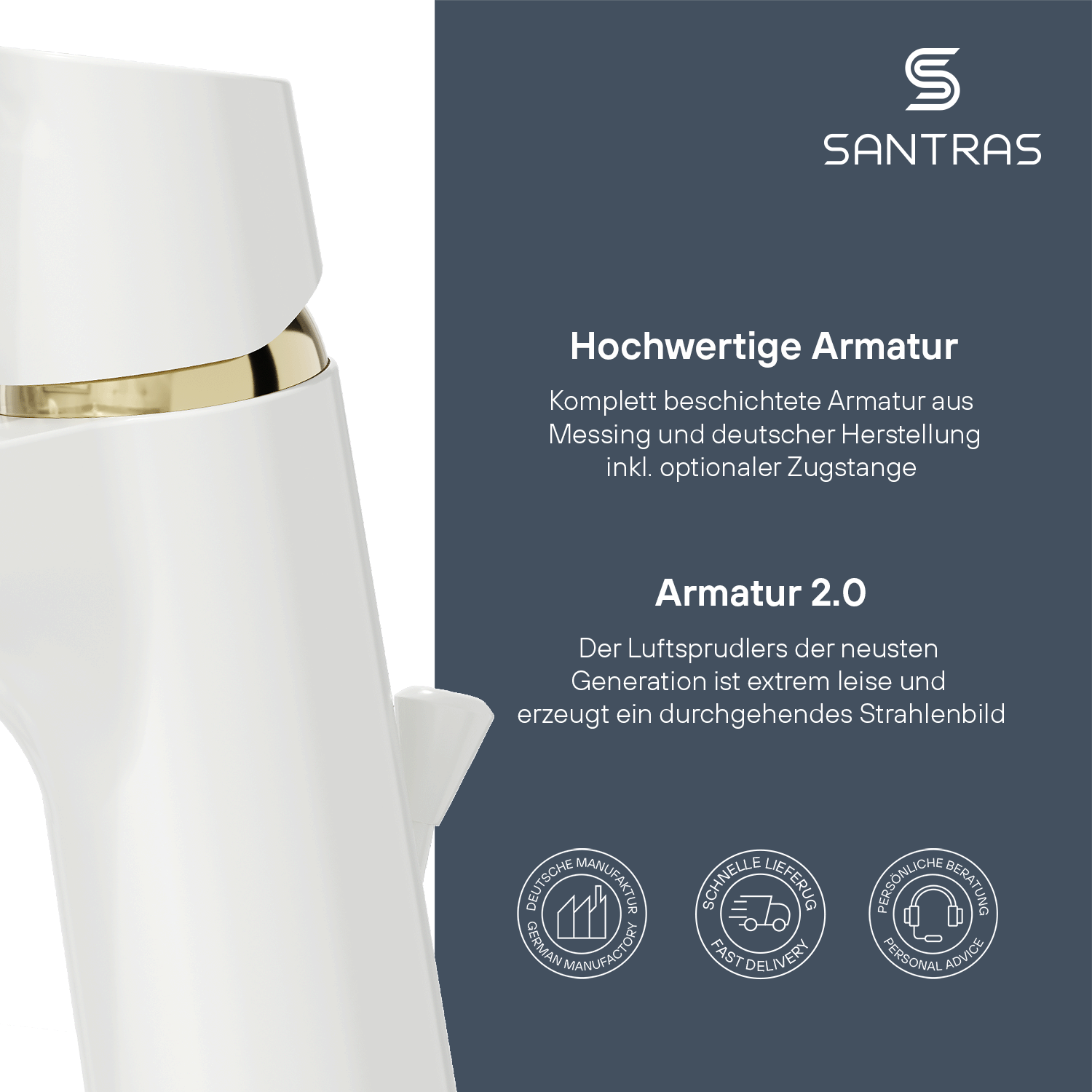 SANTRAS® Waschtischarmatur in Weiß / Edelmessing