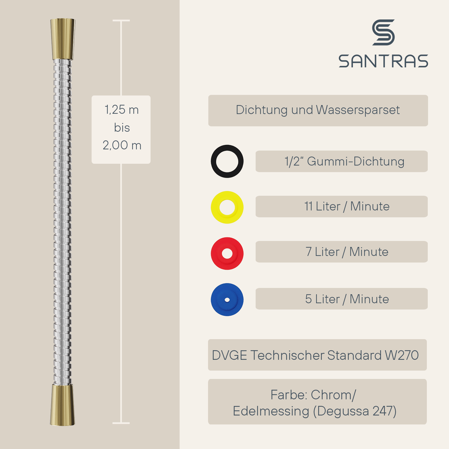 SANTRAS® Metallschlauch in Chrom / Edelmessing